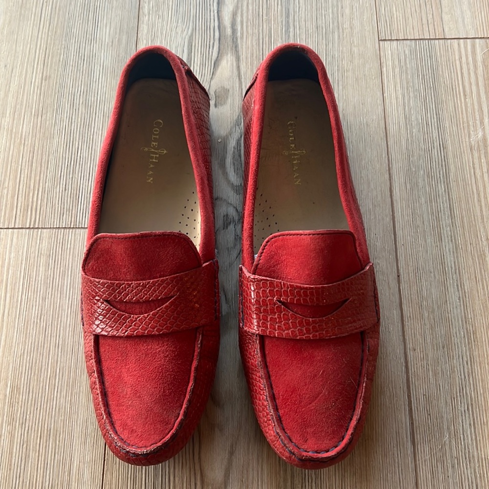 Cole Haan driving loafer red suede and crocodile print leather
